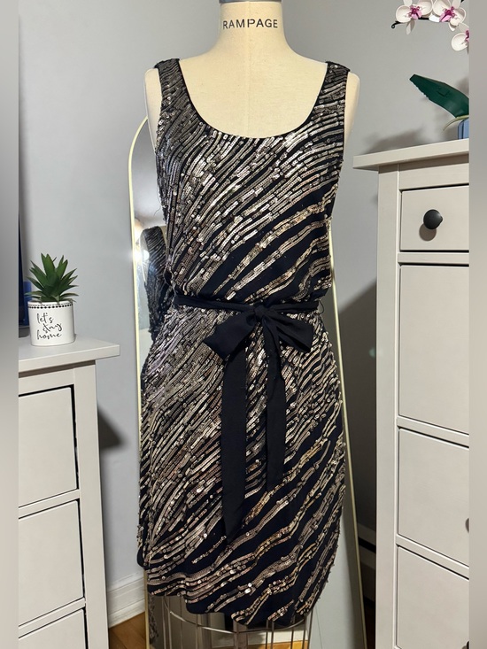 Express Dresses & Skirts - Express Black Gold & Sliver‎ Sequin Midi Dress Deep V Open Back Belt Size Small